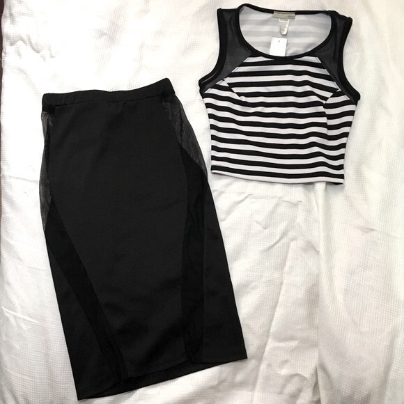 2 piece set - black and white striped crop top and midi skirt with mesh - small - Picture 1 of 16